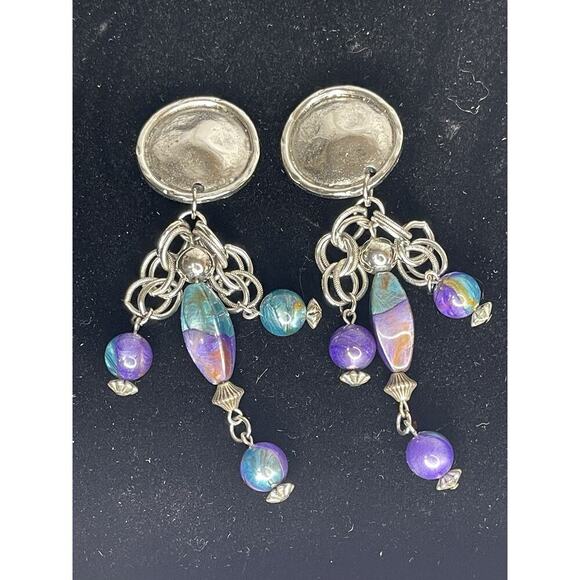 Vintage 80s Statement Silver & Beaded Teardrop Earrings Clip On Boho Western - Picture 1 of 5